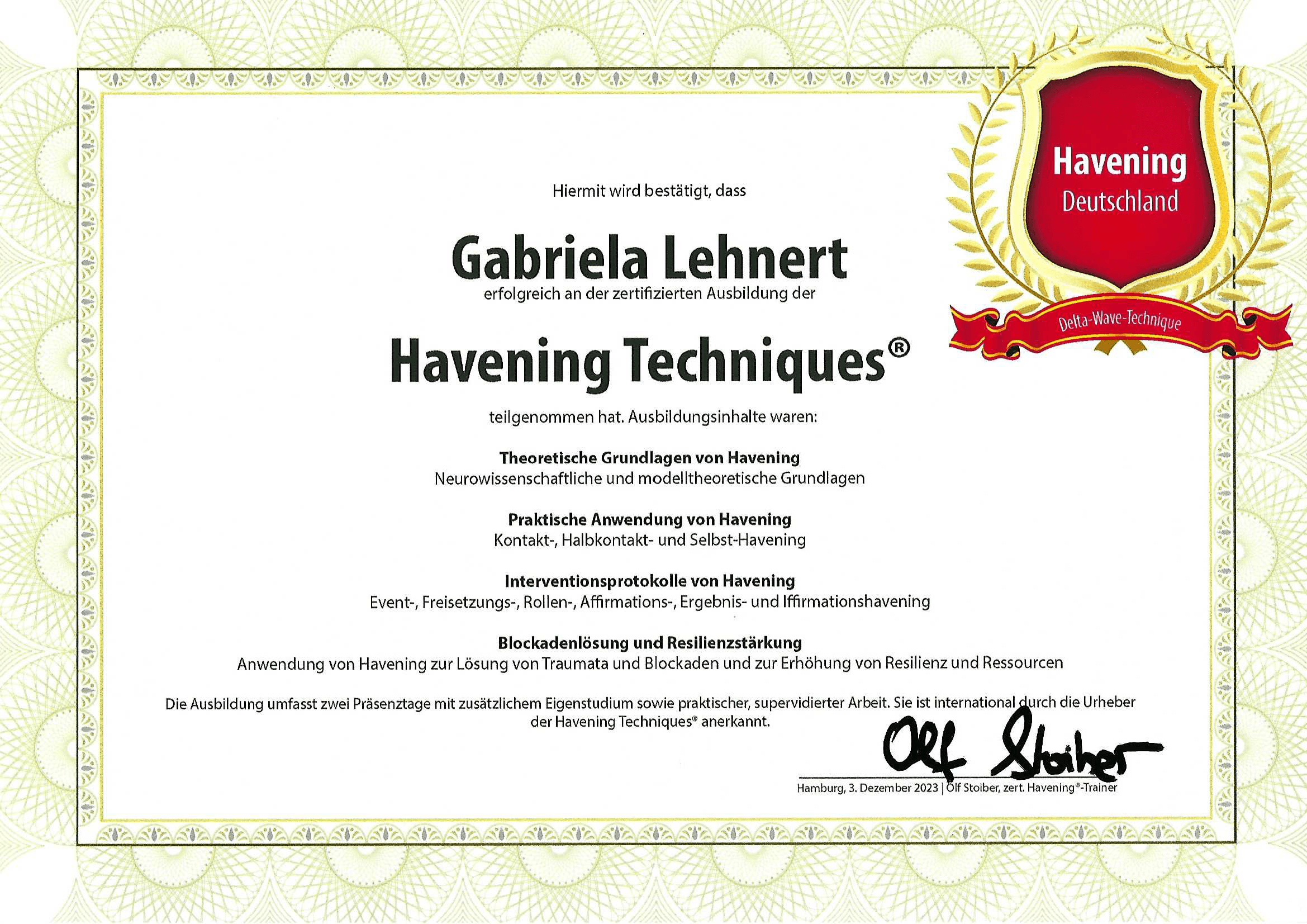 Gabriela Lehnert - Havening Techniques Zertifikat