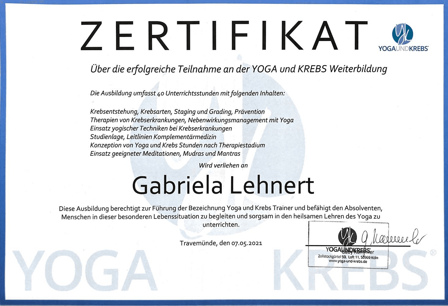 Gabriela Lehnert | Yoga und Krebs Weiterbildungszertifikat